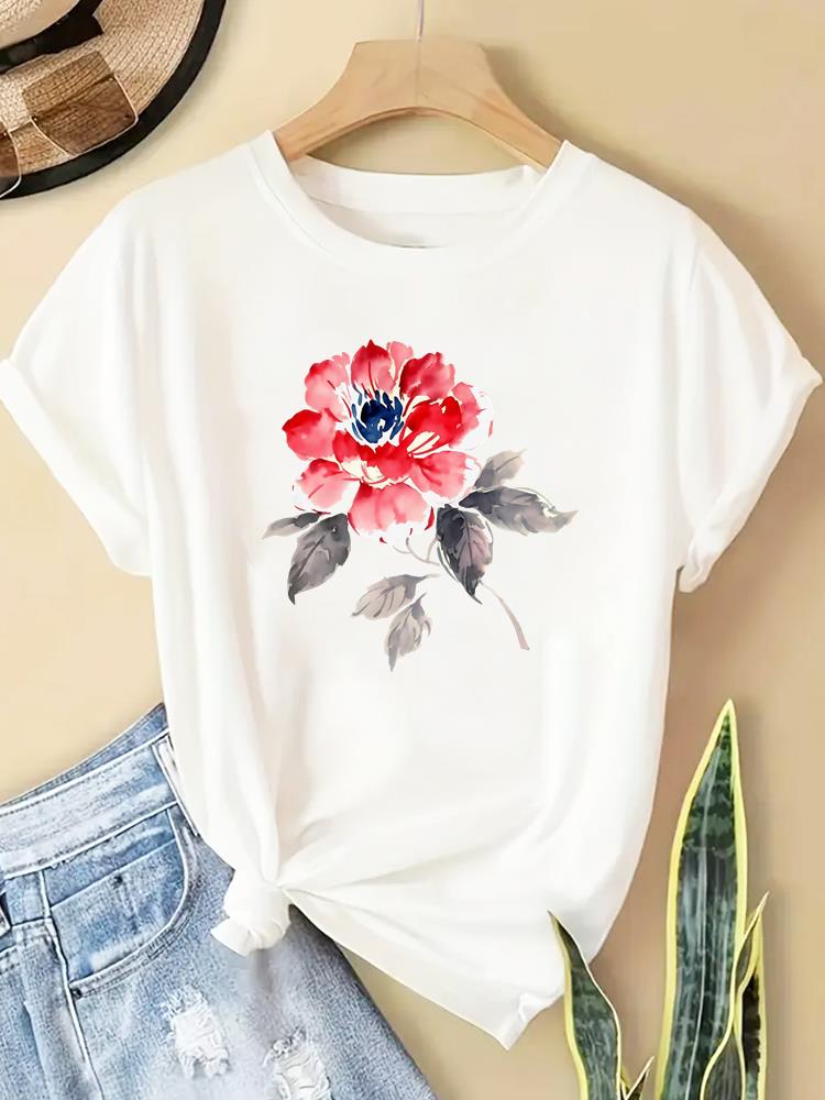 (Asian Size) T Shirt lovely flower style Fashion Women Tee Top Clothing Casual Printed Lady Female Graphic  Short Sleeve T-shirts