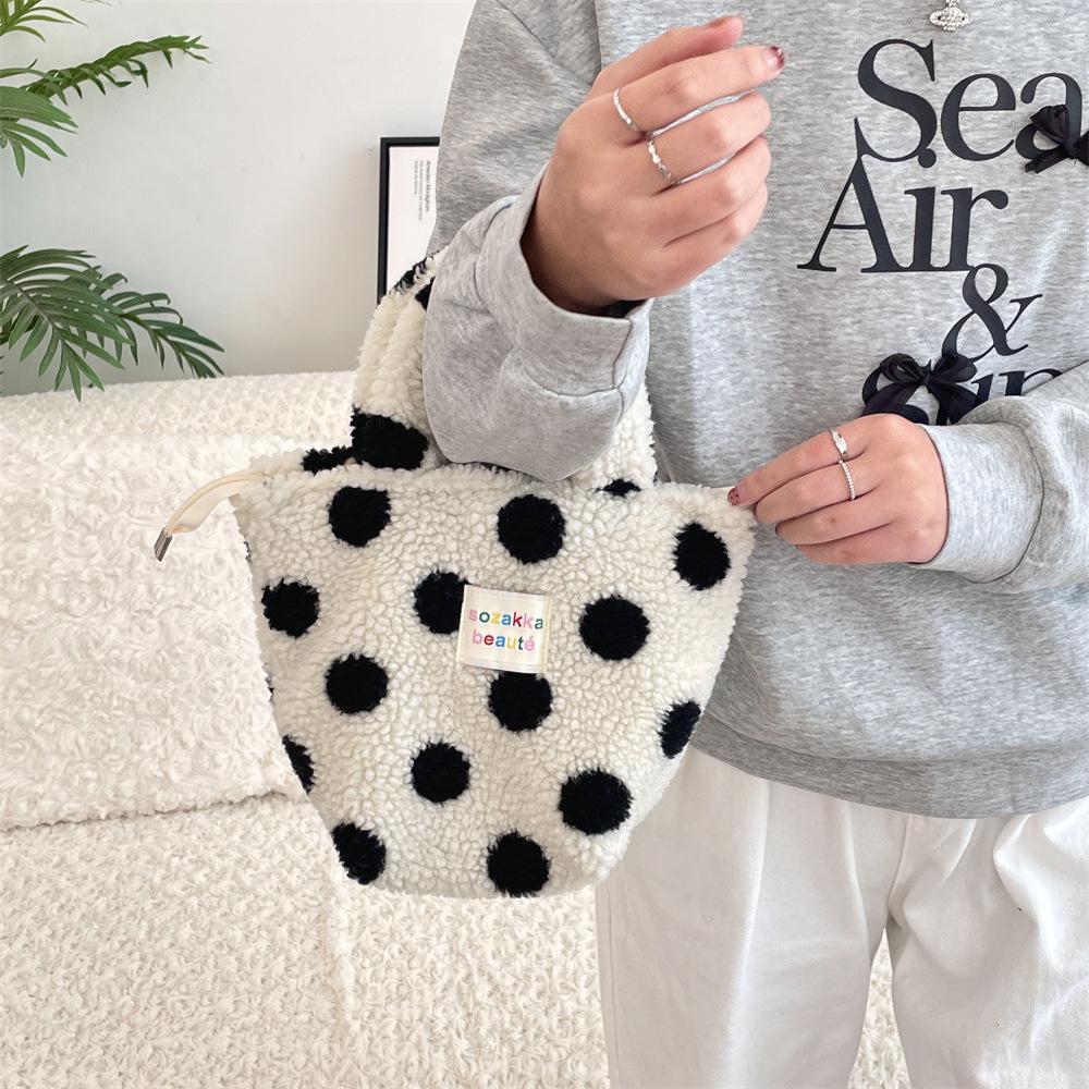 2023 Winter Fashion Women's Plush Polka Dot Handbag - Cute and Stylish for Work or Commute