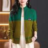 Women's Fashion Color Block Stand Collar Knitwear Zipper Cardigan: Trendy Loose Slimming Jacket for Middle-aged Mothers