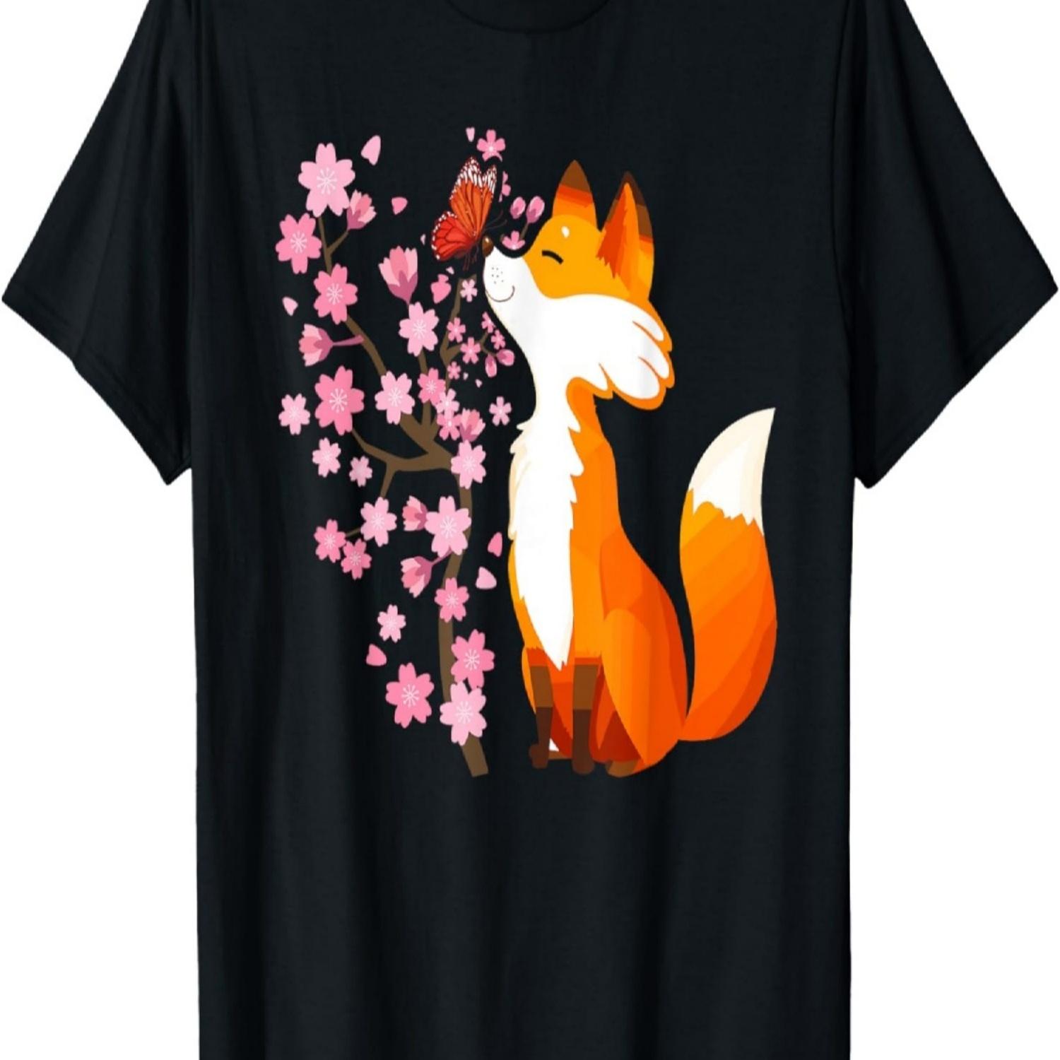 Fox Cherry Blossom Flower Sakura Trees Kawaii T-Shirt(1) S