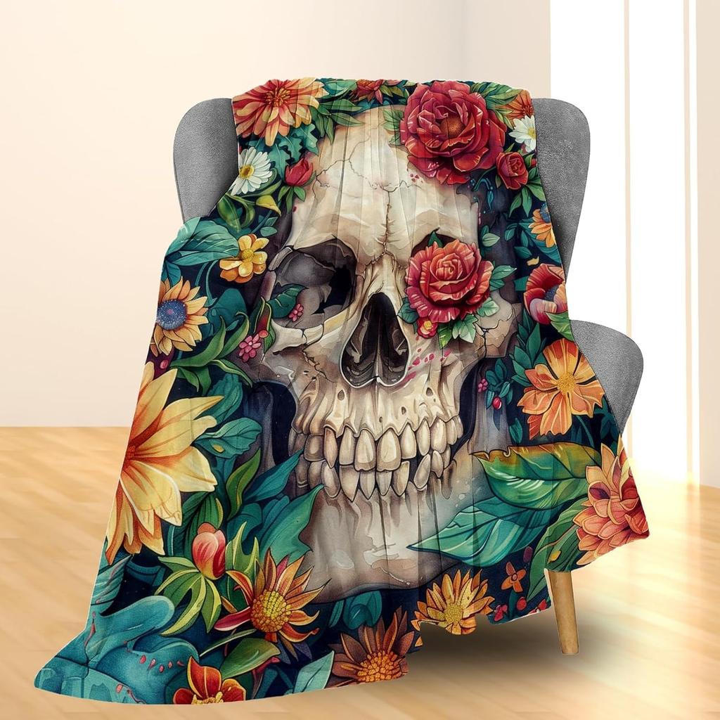 1 Stück Halloween-Thema Überwurf Modische Decke Skelett Totenkopf Blumen Kunst Dünne Modische Decke Geschenke für Sofa Bett Auto Zuhause Camping Ganzjahres u