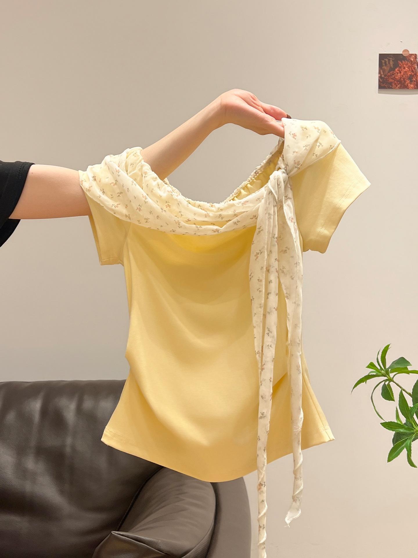 

Yellow slanted shoulder floral lace splicing short-sleeved T-shirt women s spring and summer new slim-fitting and thin waist top S жёлтый