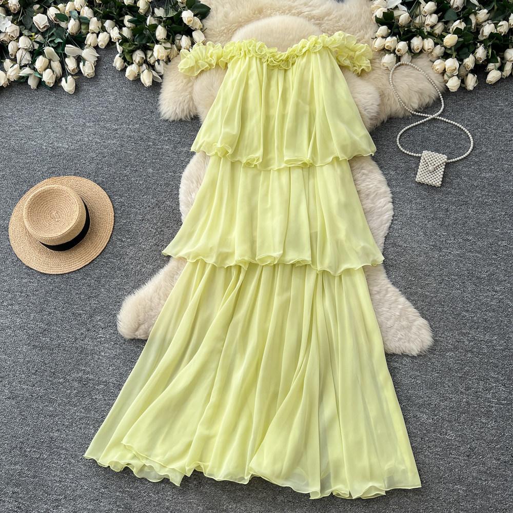 French neck sleeveless ruffle edge dress women's summer high waist cake skirt holiday style temperament long dress