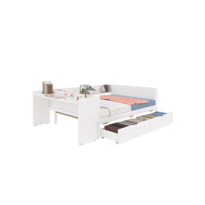 Lit double - MUVOE - 140x200 cm - Bois massif - Bureau à 2 tiroirs - Blanc