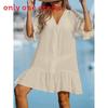 Summer V Neck Ruffle Dress With Spliced Cotton Fabric For Beachwear And Sun Protection