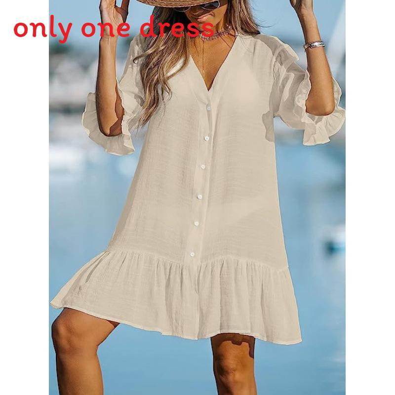 Summer V Neck Ruffle Dress With Spliced Cotton Fabric For Beachwear And Sun Protection