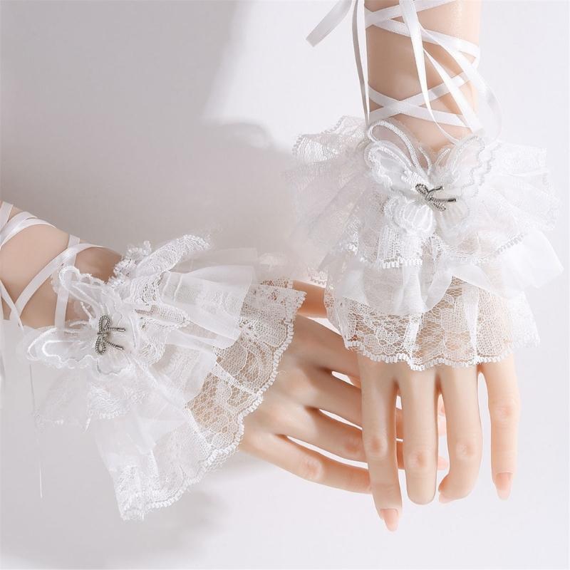 Lolitas Lace Gloves Layer Ruffle Hand Sleeves Elastic Bracelet for Halloween,Wedding,Party,Masquerade,Nightclub