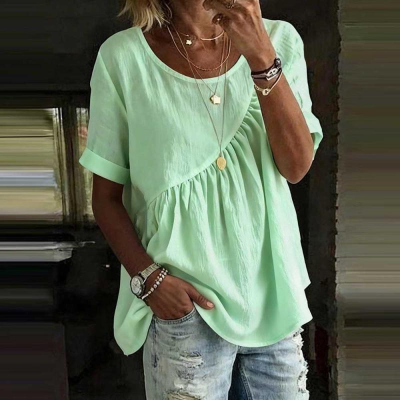 2026 New Summer Solid Color Round Neck Short Sleeve Ruched Women's Casual Top T-Shirt