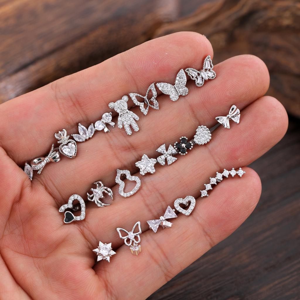 Set of 10 Cartilage Mid Helix Tragus Conch Earrings 20g Hypoallergenic Surgical Stainless Steel Zircon Women's Piercing Jewelry