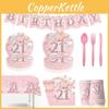 Pink 21st Birthday Party Decorations Disposable Tableware With Cute Striped Straws And Utensils