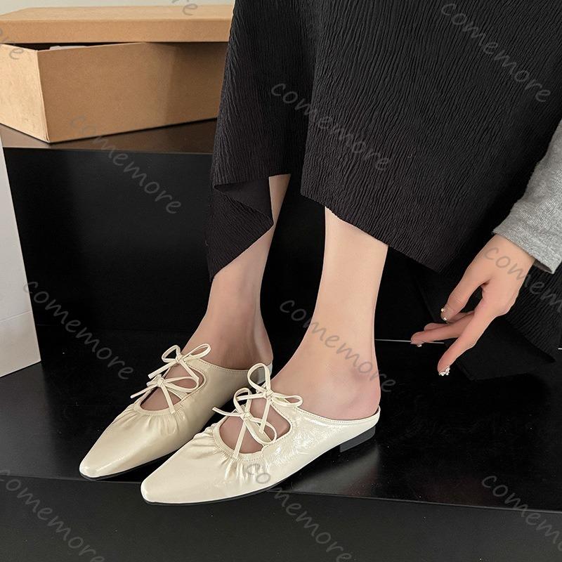 Fashion Comemore Baotou Half Slippers for Women Spring Summer Casual Mules Mary Jane Single Shoe Solid Flat Bottom Butterfly-knot Slides