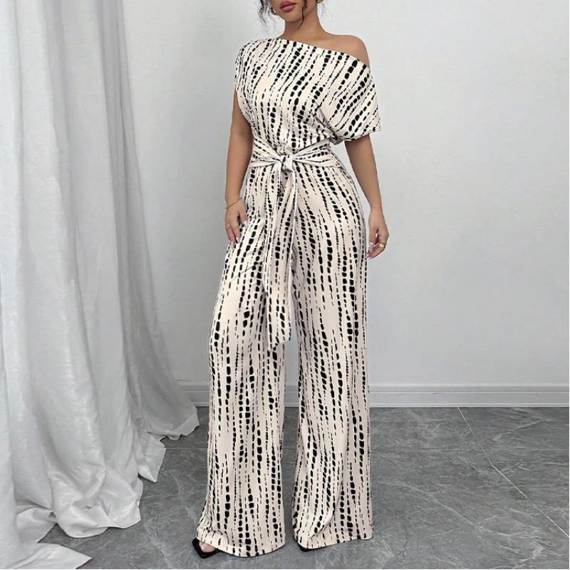 Women Off Shoulder Abstract Print Belted Wide Leg Elegant Jumpsuit S бежевый