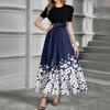 Women's Fashion Casual Belt Short Sleeve Round Neck Print Stitching Elegant Temperament Dress