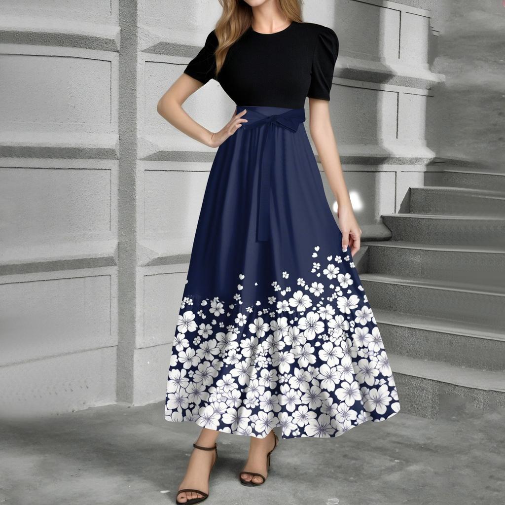 Women's Fashion Casual Belt Short Sleeve Round Neck Print Stitching Elegant Temperament Dress