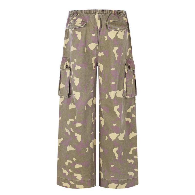 Mens Camo Cargo Pants Vintage Distressed Baggy Pleated Wide Leg Trousers Streetwear