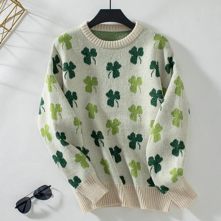 Vintage Print Loose Knitwear Cardigan Long Sleeve O Neck Sweater Autumn Winter Top
