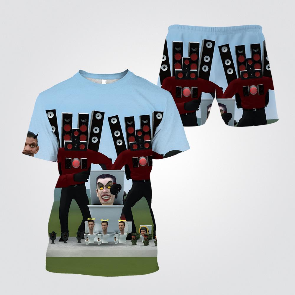 Summer Round Neck 3D Cartoon Toilet Person Vs. Monitoring Person Printed Set Fashionable and Casual Short Sleeved Shorts Children's Boy Clothing Sets