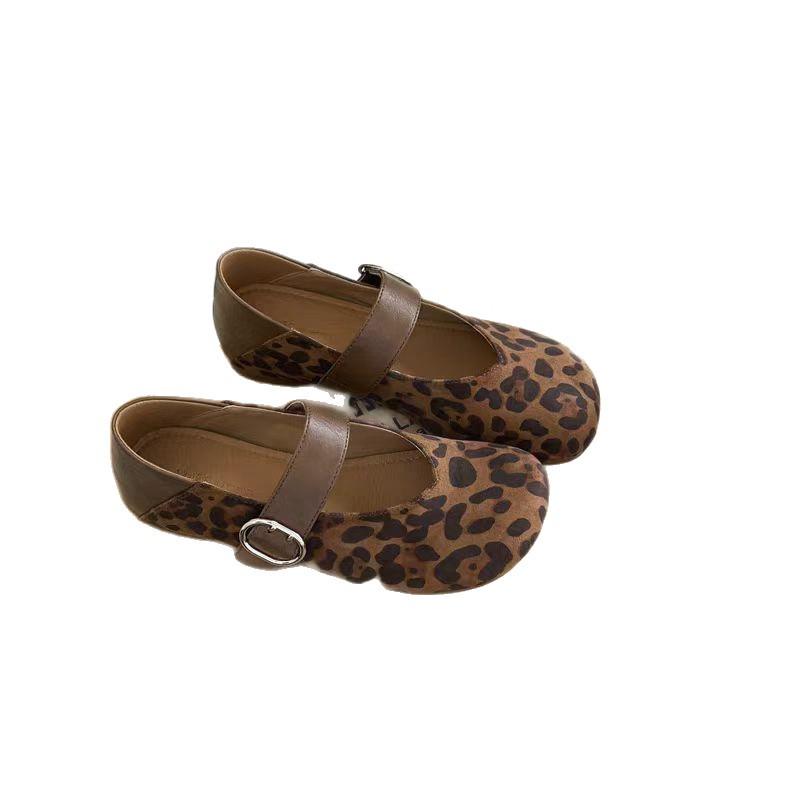 2025 Autumn Leopard Print Soft Leather Mary Janes: Comfortable, Versatile, Retro Low-Cut Shoes for Women