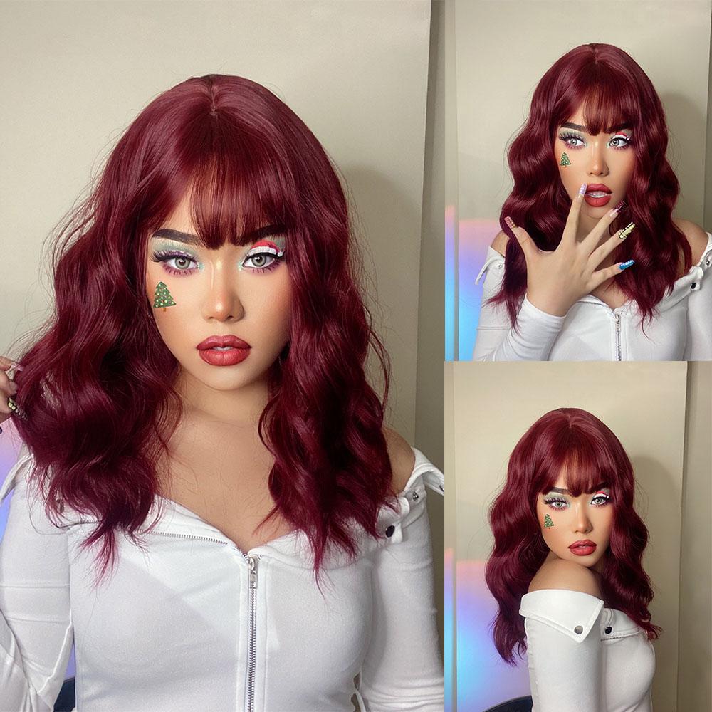 HENRY MARGU Schwarze, dunkelbraune, mittlere Wasserwellen-Perücken mit Pony, Wellen-Cosplay-Kunsthaar-Perücke für schwarze Frauen, hitzebeständig