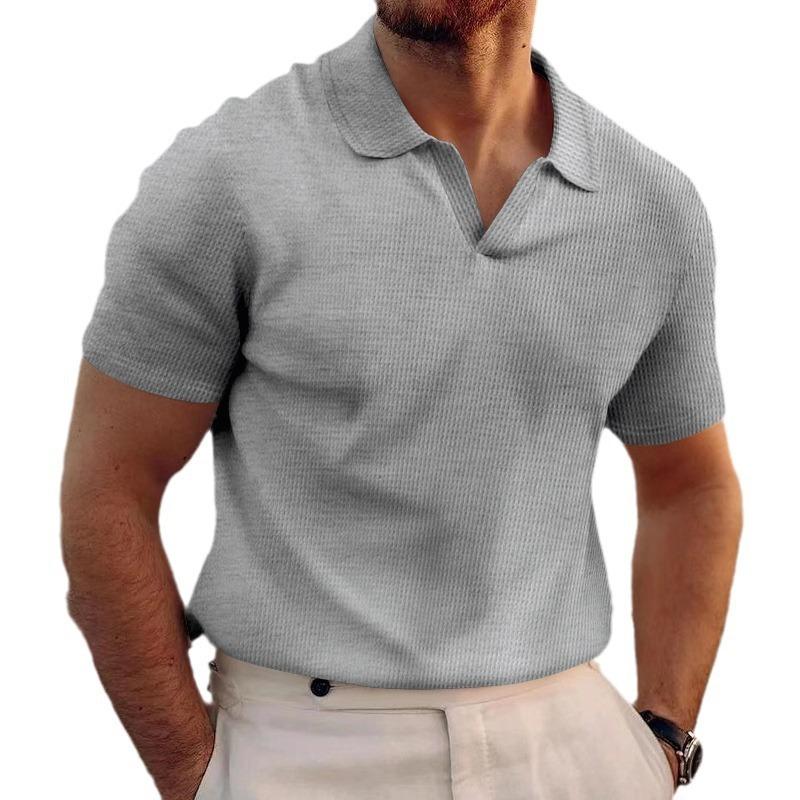 Mens Short Sleeve Waffle Turn Down Collar Solid Casual Polo Shirt