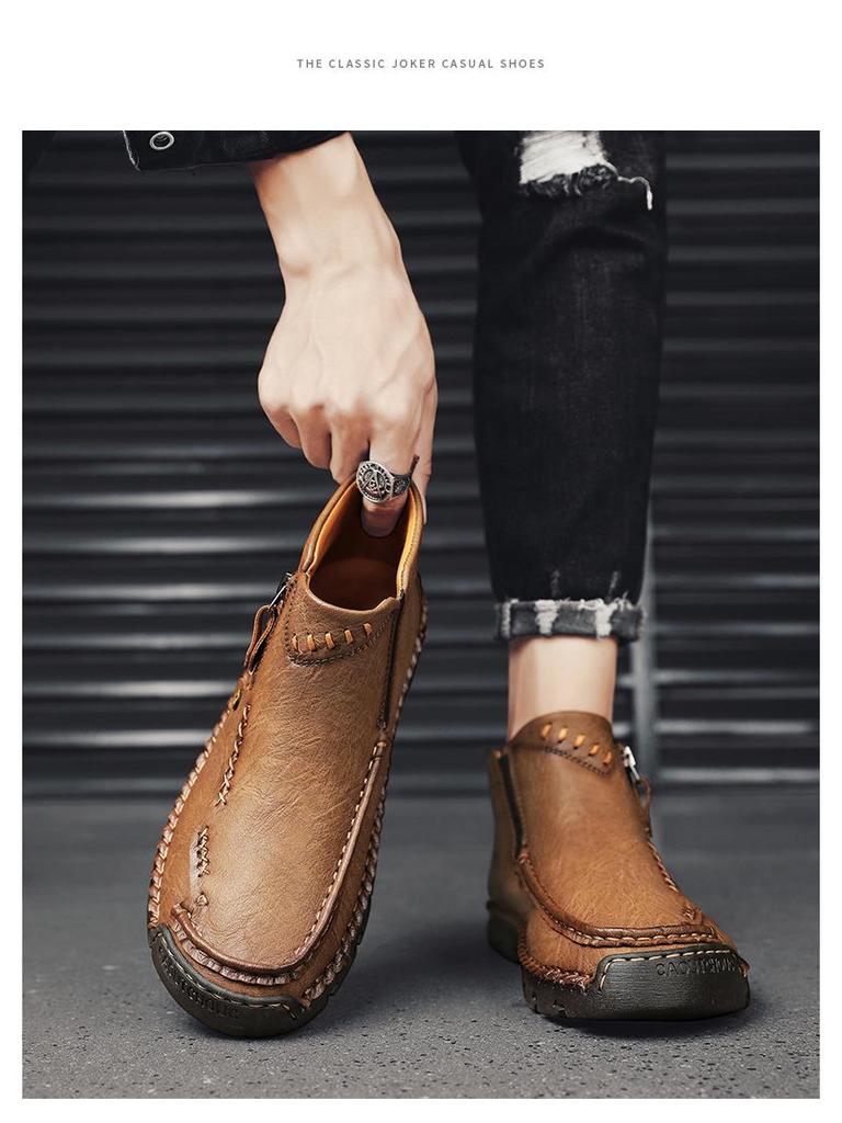 Men's Martin Boots: Autumn/Winter Zipper Casual Short Boots with Plus Size, Handmade Stitching, and Velvet Lining.