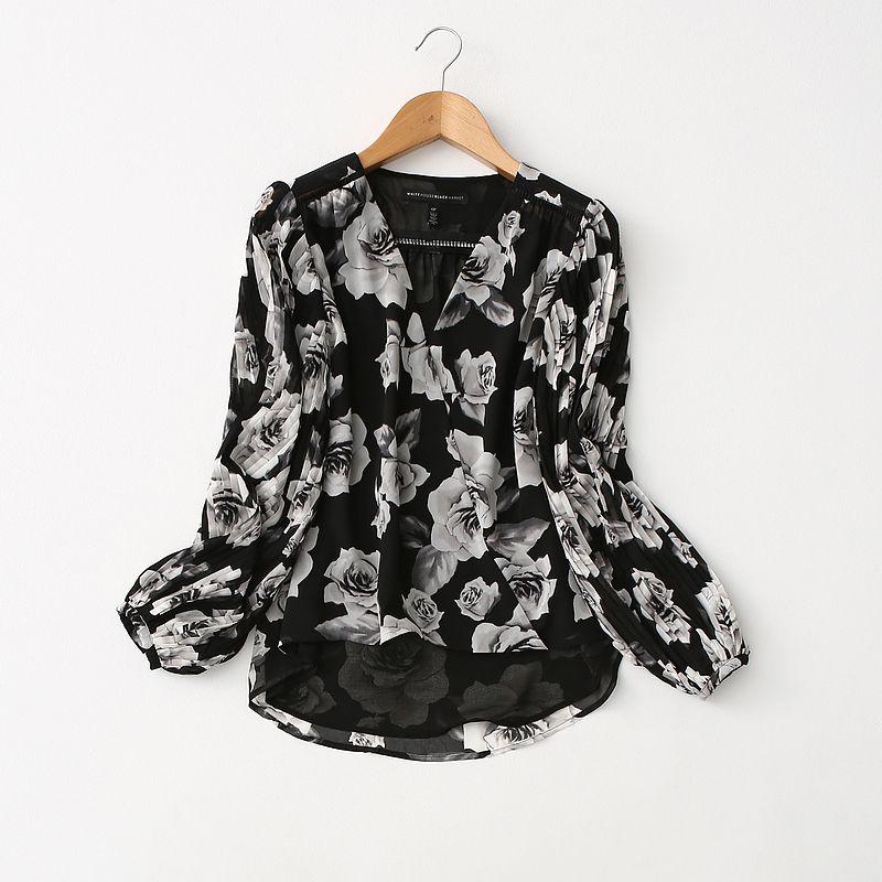 

Экспорт Экспорт Товары с хвостиками крупных брендов Молодая французская рубашка из шифона в стиле ретро с принтом, топы с V-образным вырезом крест-накрест Black Print Euro -10