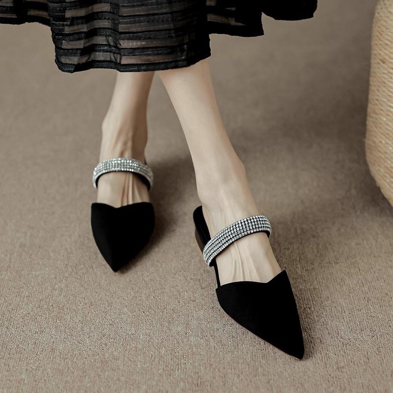 Rhinestone Light Luxury Pointed Head Bag Head Fashion Temperament Cool Slippers Women's Thick Heel 2025 Summer New Shallow Middle Heel Muller Shoes
