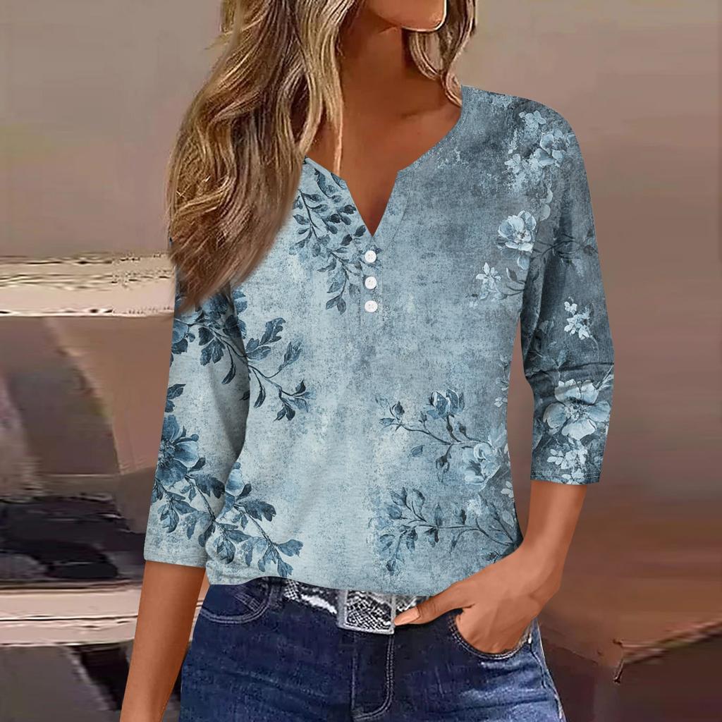 Women's Neck Vintage Floral Print Ribbed Short Sleeve T-Shirt Top