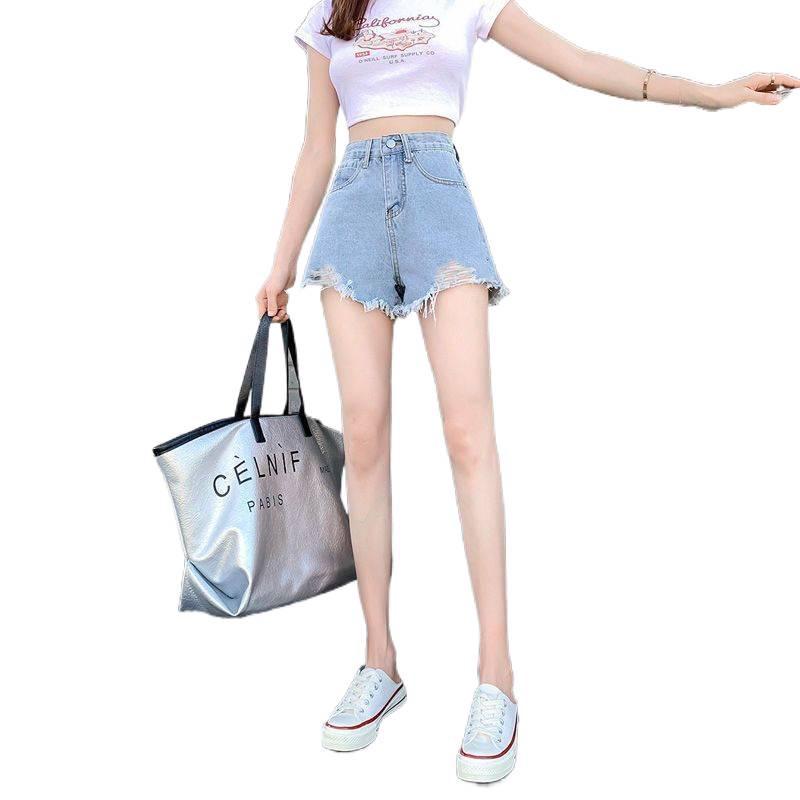 Trendy High-Waisted Light Fringe Denim Shorts for Women - Loose, Slim-Fit, Ripped A-Line Summer Style