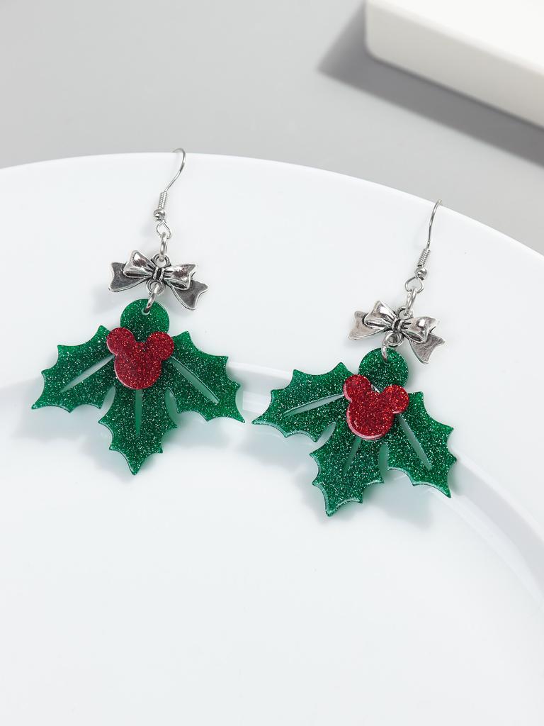 Glitter Green Leaf Acrylic Christmas Earrings for Women Creative Bow Leaves Long Dangle Earring Fashion Party Jewelry Gifts