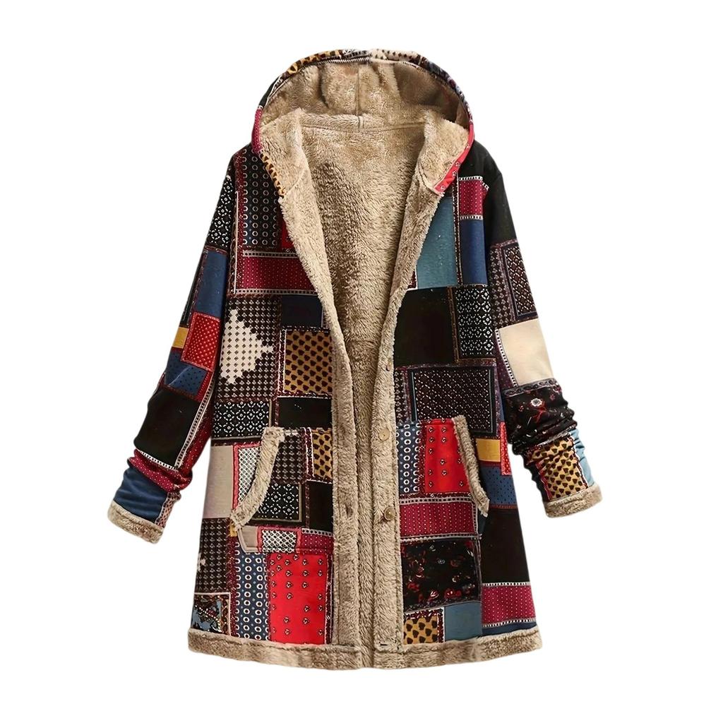 Womens Winter Button Patchwork Fleece Hooded Jacket Coat Long Sleeve Warm Liner Pocket Coat