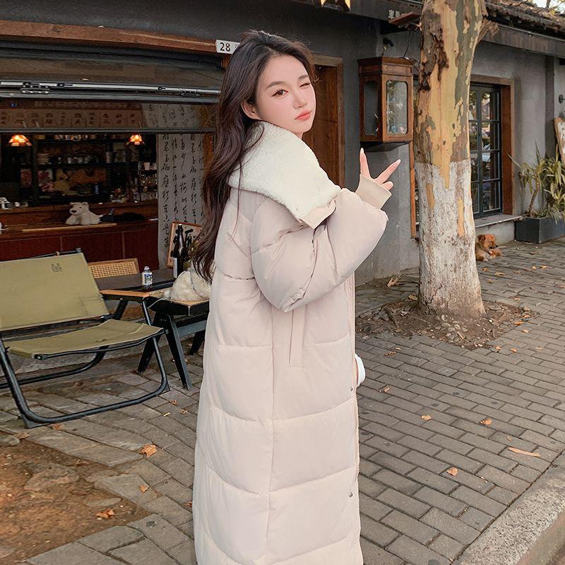 Winter Women Coat Long Length College Style Over Knee Big Collar Warm Lamb Wool Blend Jacket Trendy