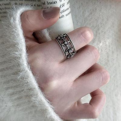Sterling Silver Adjustable Hexagram Flower Ring for Men and Women - Retro Versatile Design