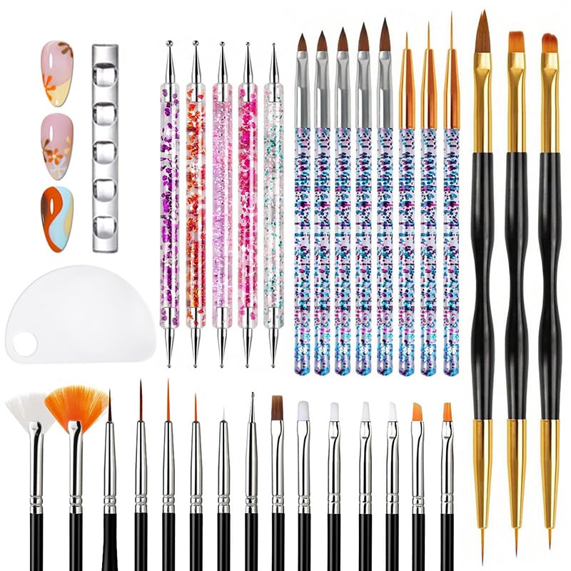 

BORN PRETTY Набор кистей для ногтей 31 Кисть для ногтей Кисти для гелевых ногтей Плюс подставка-ручка и набор палитр Множество кистей для линий на ногтях Ручка-кисть для дизайна ногтей Инструменты для рисования