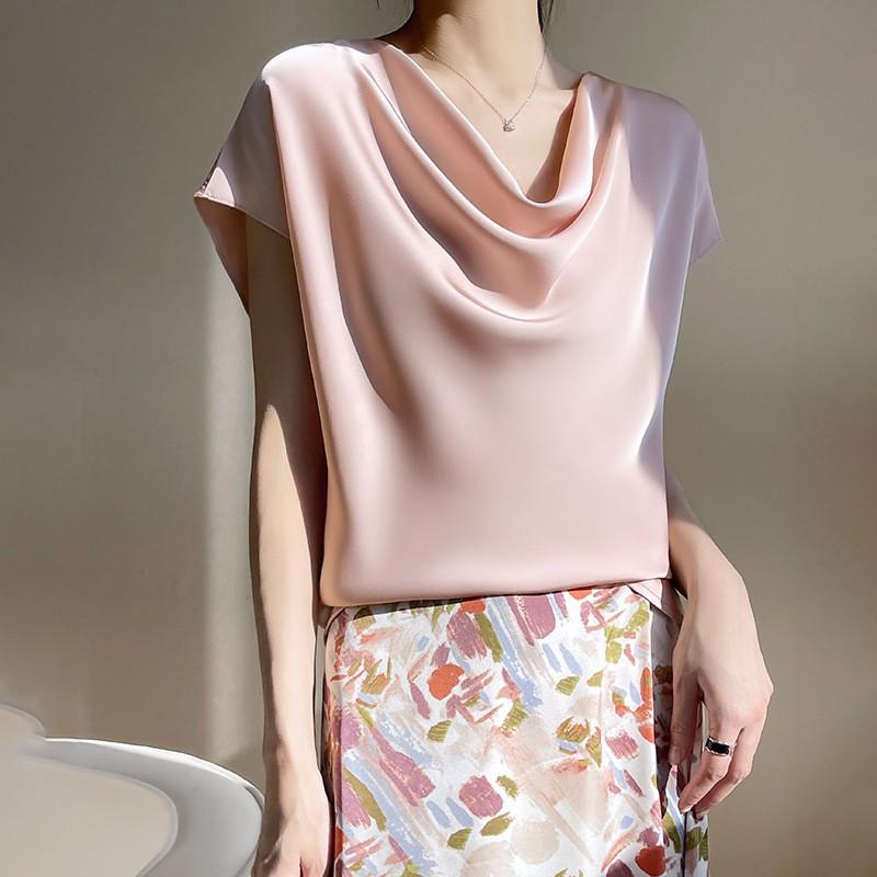 Women's Fashion Casual Satin Pile Neck Short Sleeve Top