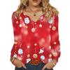 Women's Fashionable Casual V-neck Blouse Button Christmas Printed Long-sleeved Pullover T-shirt Top