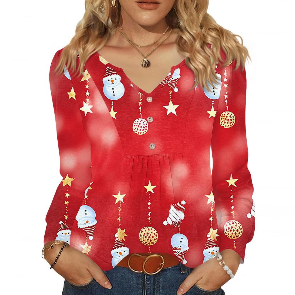 Women's Fashionable Casual V-neck Blouse Button Christmas Printed Long-sleeved Pullover T-shirt Top