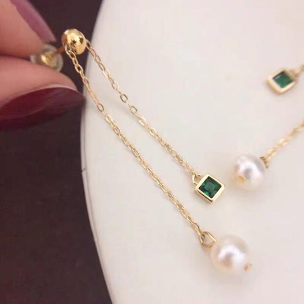 Small cute natural pearl emerald square pendant 925 silver needle gold-plated stud earrings mini control small earrings temperament earrings