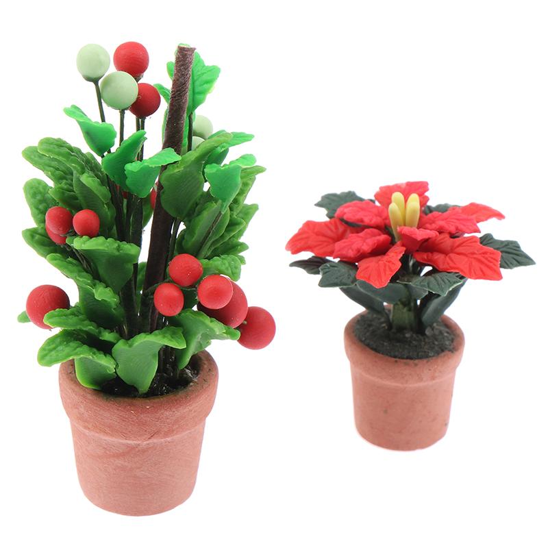 1:12 Dollhouse Miniature Potted Plants Tulip Flower Pot Fortune Fruit Bonsai Model Garden Home Decor Toy Doll House Accessories