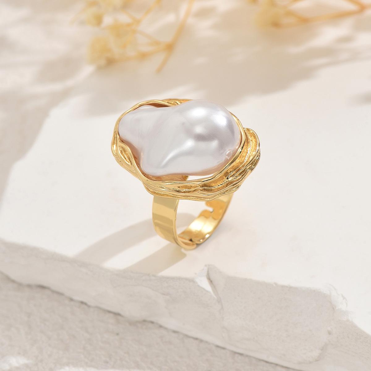 Vintage Unregelmäßige Barock Imitation Perlenringe Für Frauen Punk Geometrisch Verstellbar Offener Ring Hochzeit Braut Ästhetischer Schmuck beige