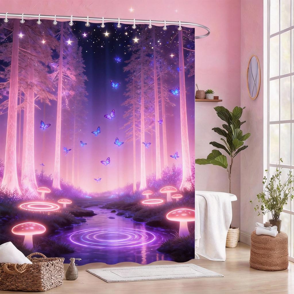 Enchanted Forest Shower Curtain 180X180Cm – Mystical Purple Trees With Glow Path & Stars, Fantasy Bathroom Decor, 12 Hooks