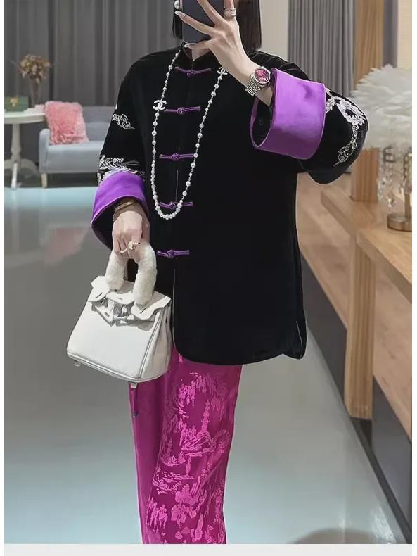 Women's Retro Dragon & Phoenix Embroidered Velvet Jacket - Warm, Quilted, Cotton-Padded for Autumn/Winter