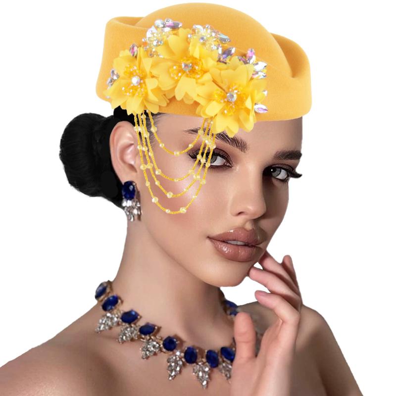 Classic British Flight Attendant Hat Women Retro 3D Floral Decor Elegant Cap for Wedding Outfit