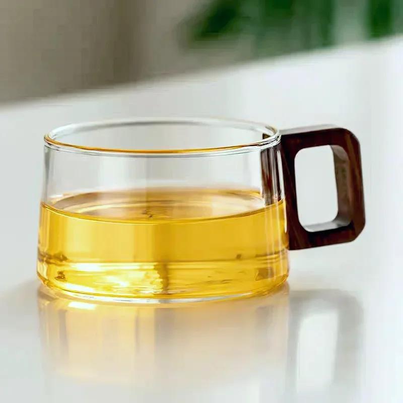 200ml Γυάλινο Ποτήρι American Latte Κούπα Καφέ Με Ξύλινο Δίσκο Κουτάλι Ανθεκτική στη Θερμότητα Κούπα για Τσάι Γάλα Κούπα για Φρεσκοαλεσμένο Καφέ