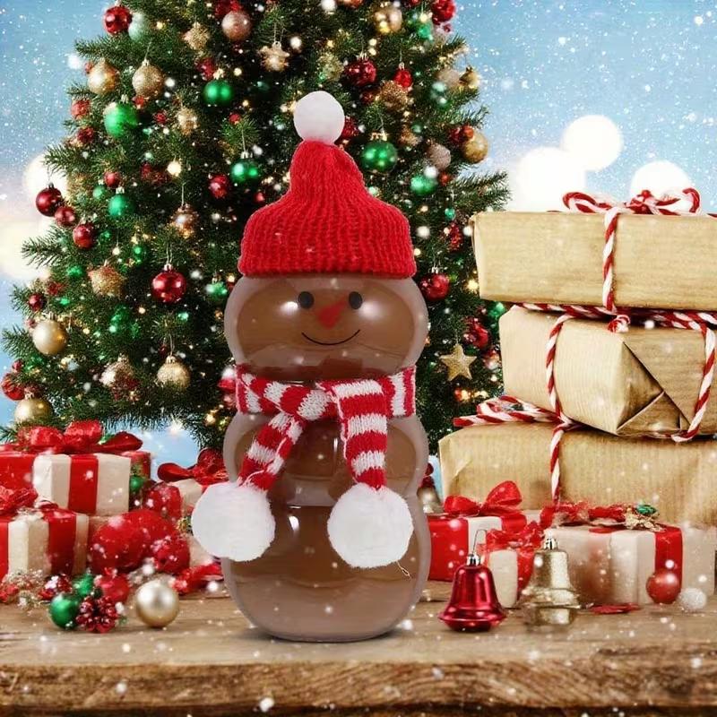 Empty Plastic Juice Bottles with Caps, Designed Cute Snowman Shape. These Reusable Clear Drink Containers Come with Mini Scarves