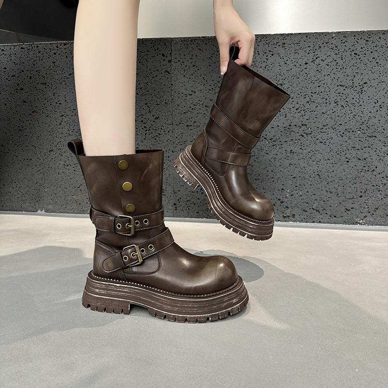 Leather Platform Maillard Medium Tube Short Boots Women's 2025 New British Style Retro Two-wear Martin Boots