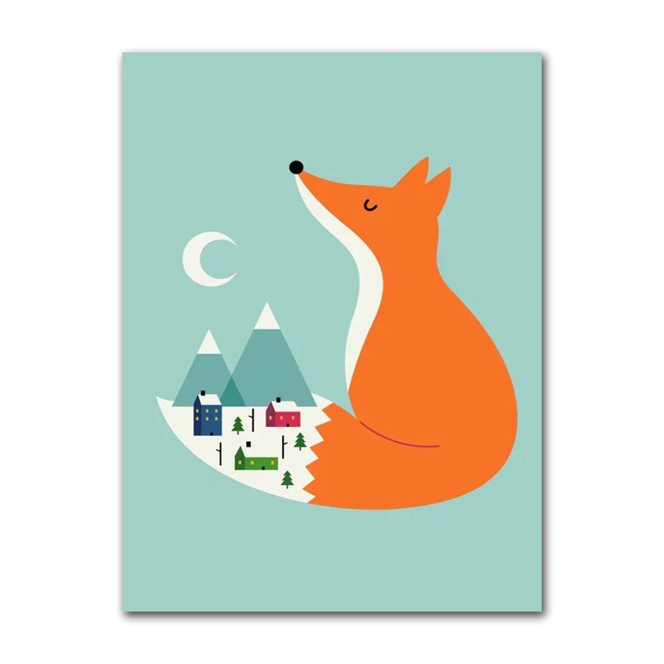 Canvas Painting Nordic Child Poster Fox Elk Raccoon Koala Cartoon Animal Print Modular Wall Art Pictures for Kids Room Decor