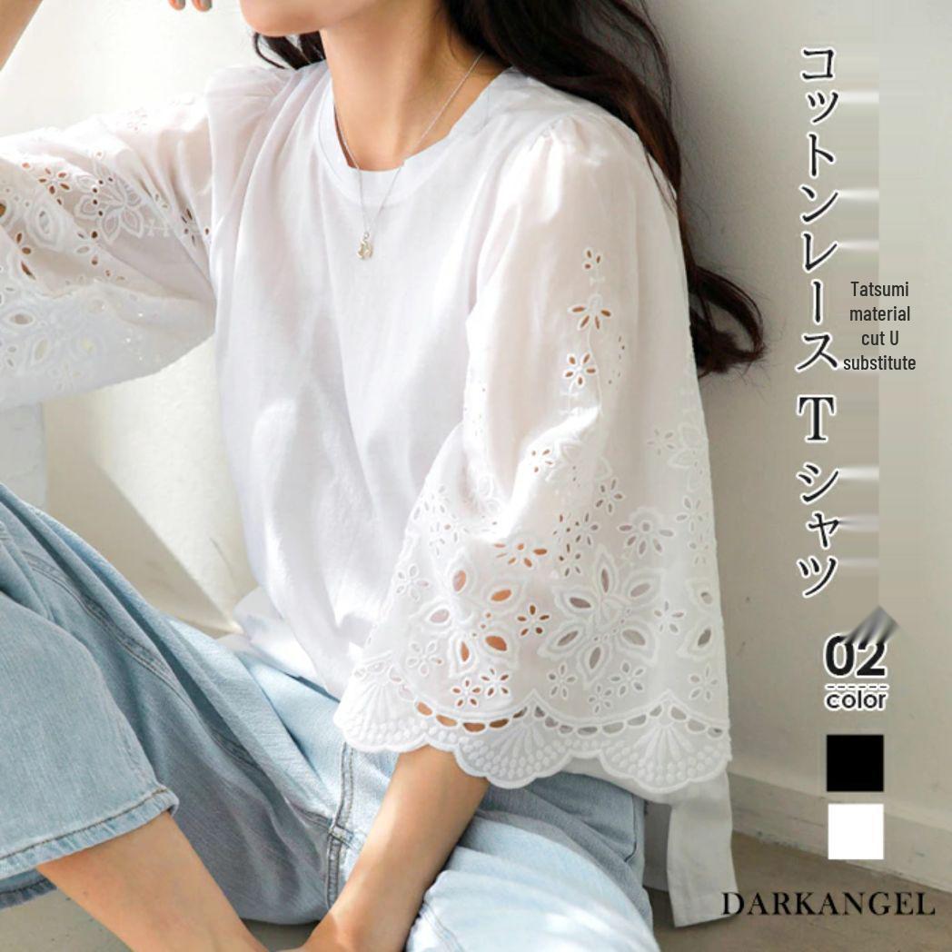 

2024 Summer Women s Casual Solid Color Embroidered Cutout Mid-Sleeve T-Shirt One Size белый