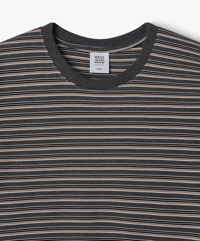 WEST GRAND BOULEVARD Semi-Over Multi-Stripe Ringer T-Shirt Mono Grey
