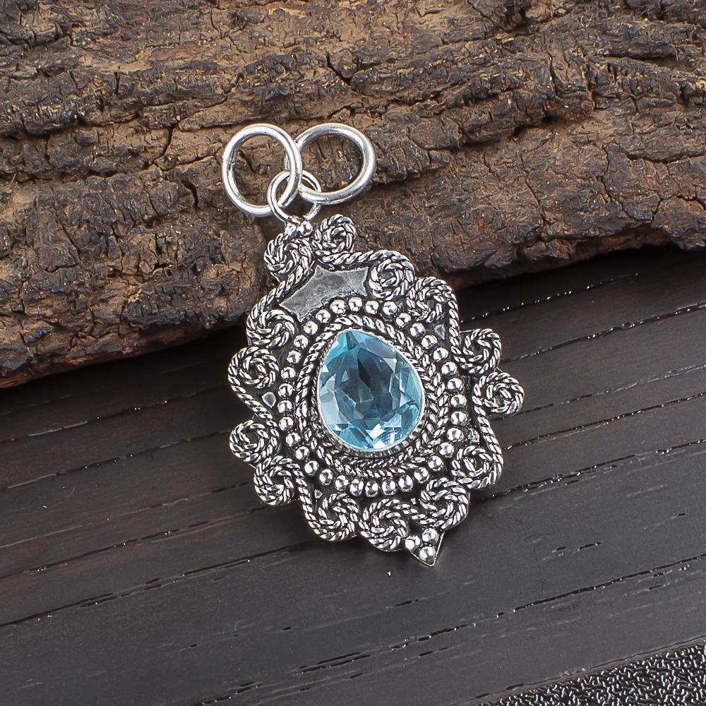 

Подвеска с драгоценным камнем Голубой Топаз, Великолепное украшение ручной работы, Ювелирное изделие из серебра 925 пробы, Богемская подвеска для свадебного подарка 1.55 синий
